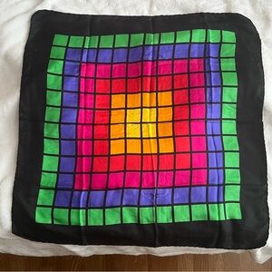 Vintage Rainbow Grid Silk Square Scarf ~36” Bold Geometric + Mini Rubix Cube 🎁